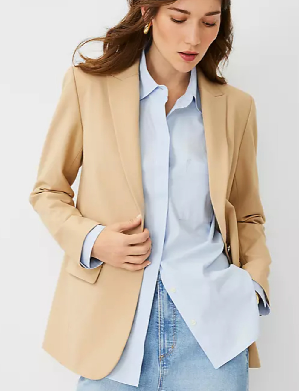 NEW ANN TAYLOR TAN LONGLINE BI-STRETCH TWILL BLAZER JACKET SZ 0